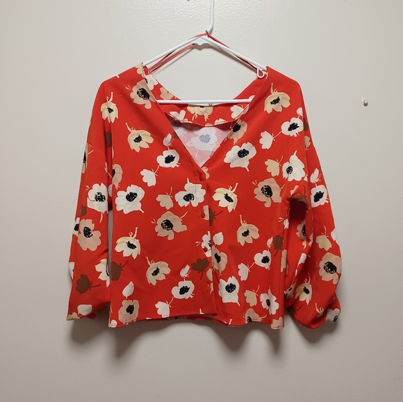 Zara Button Back Plunge Boat Neckline 3/4 Sleeve Floral Top | Red Orange; sz M - Picture 5 of 14